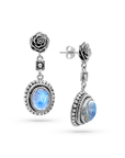 Carved Rose Rainbow Moonstone Sterling Silver Bali Earrings