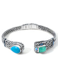 Balinese Artisan Sterling Silver Bangle with Blue Turquoise & Green Chalcedony Elegance