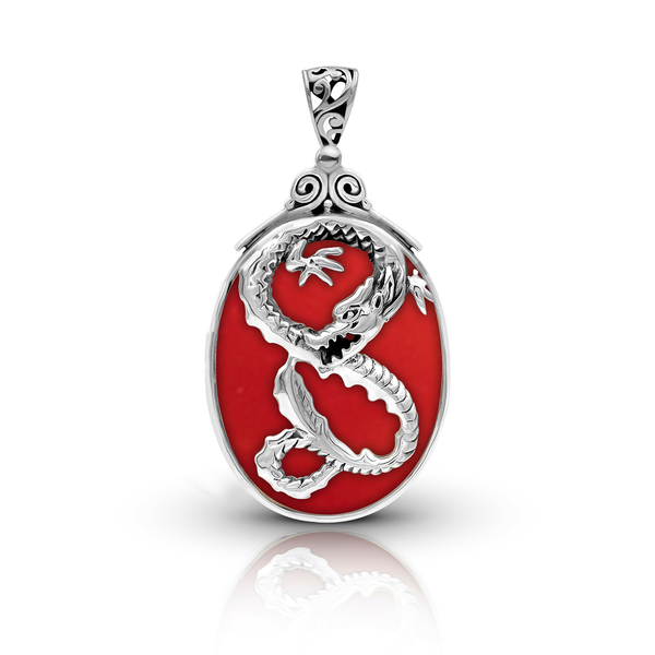 Balinese Artisan 925 Dragon Sterling Silver Pendant with Red Coral