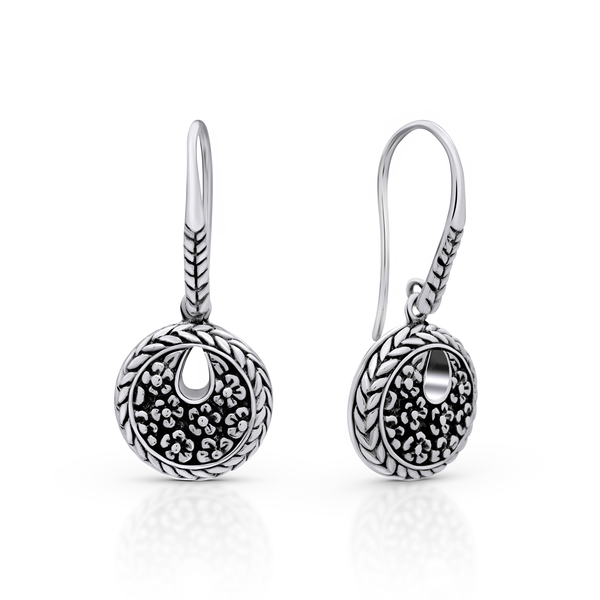 Elegant Balinese Sterling Silver Floral Drop Earrings