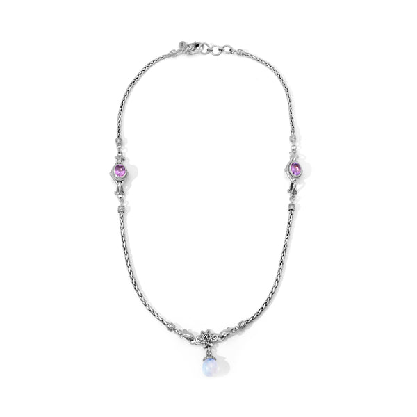 Balinese Artisan Sterling Silver, Rainbow Moonstone and African Amethyst Necklace