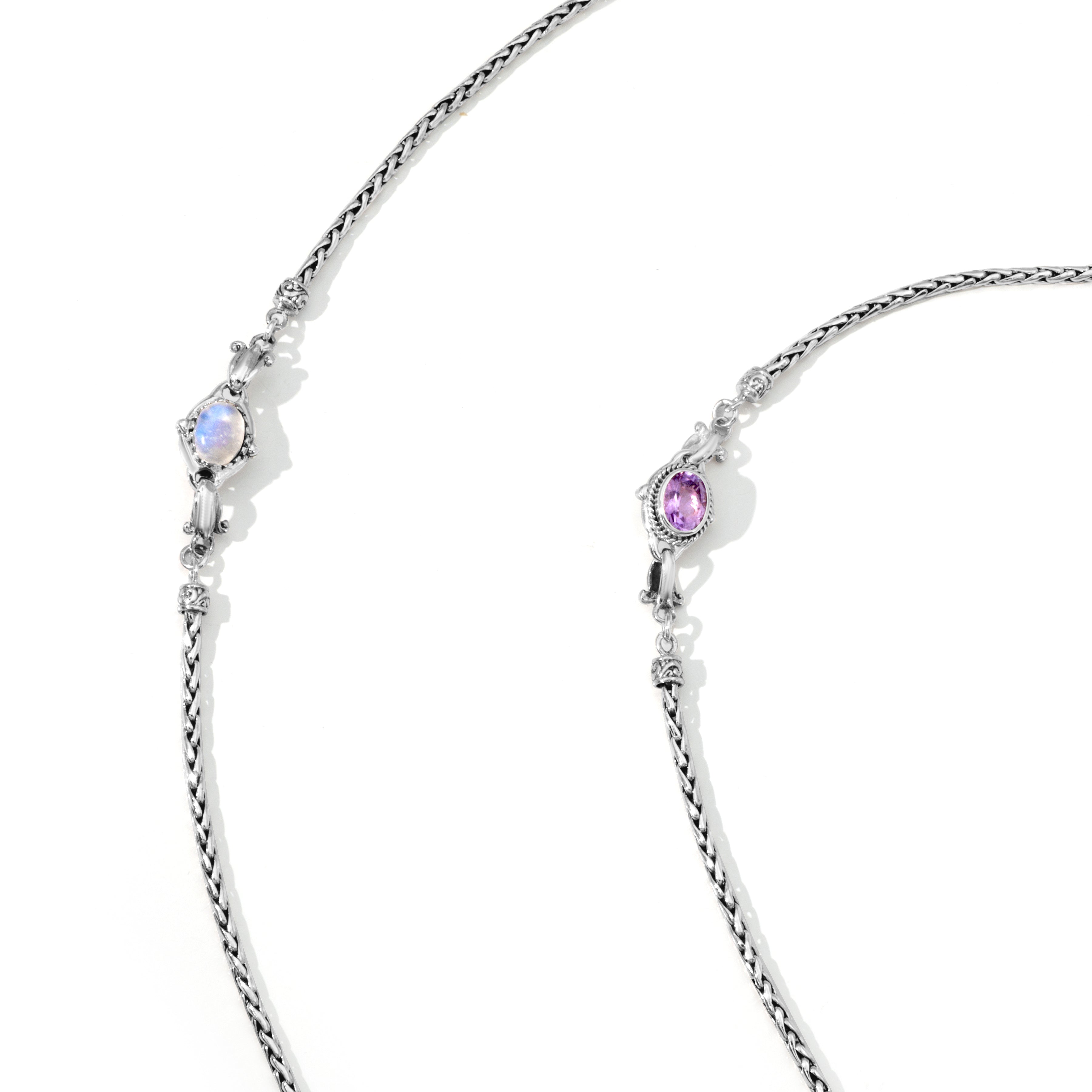 Balinese Artisan Sterling Silver, Rainbow Moonstone and African Amethyst Necklace