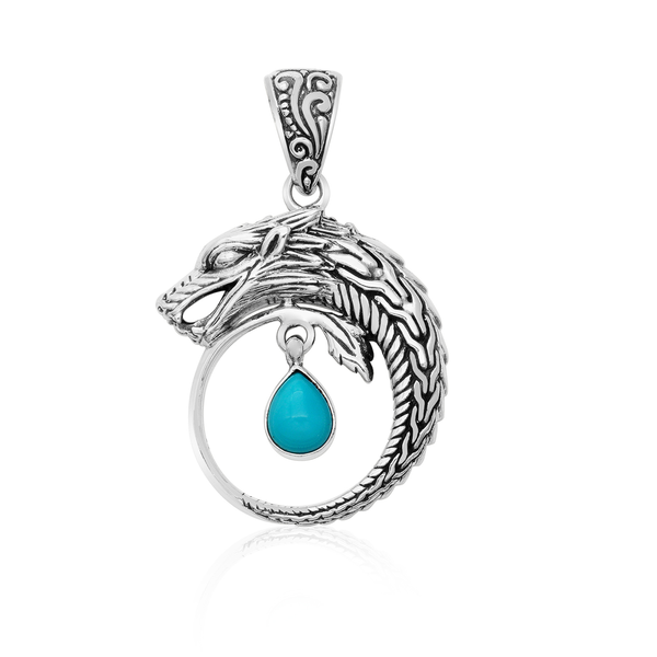 Majestic Bali Sterling Silver Dragon Pendant with Sleeping Beauty Turquoise Drop