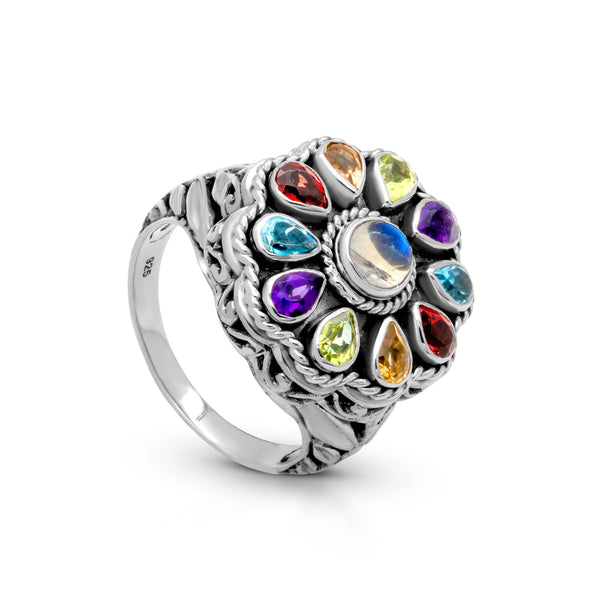 Balinese Artisan Rainbow Multistone Sterling Silver Ring
