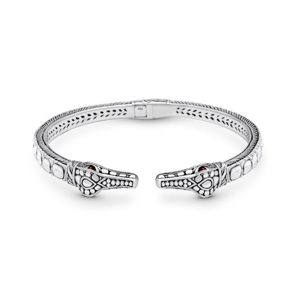 Balinese Artisan Sterling Silver Crocodile Bangle with Garnet Eyes – Handcrafted Statement