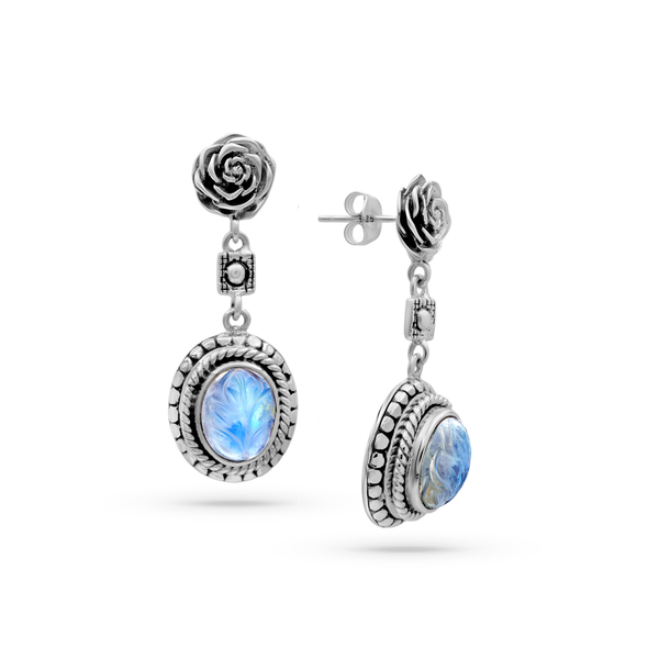 Carved Rose Rainbow Moonstone Sterling Silver Bali Earrings