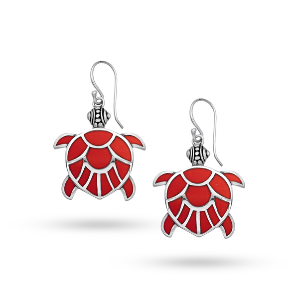 Balinese Artisan 925 Sterling Silver Turtle Earring with Red Coral