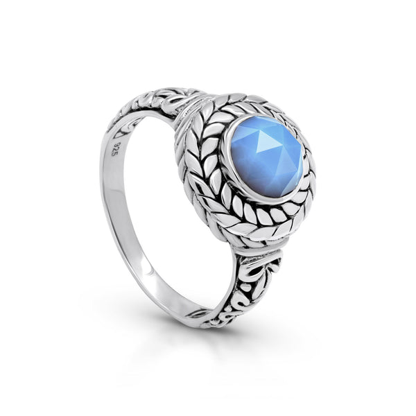 Balinese Artisan 925 Sterling Silver Circle of Life Ring with Blue Opal