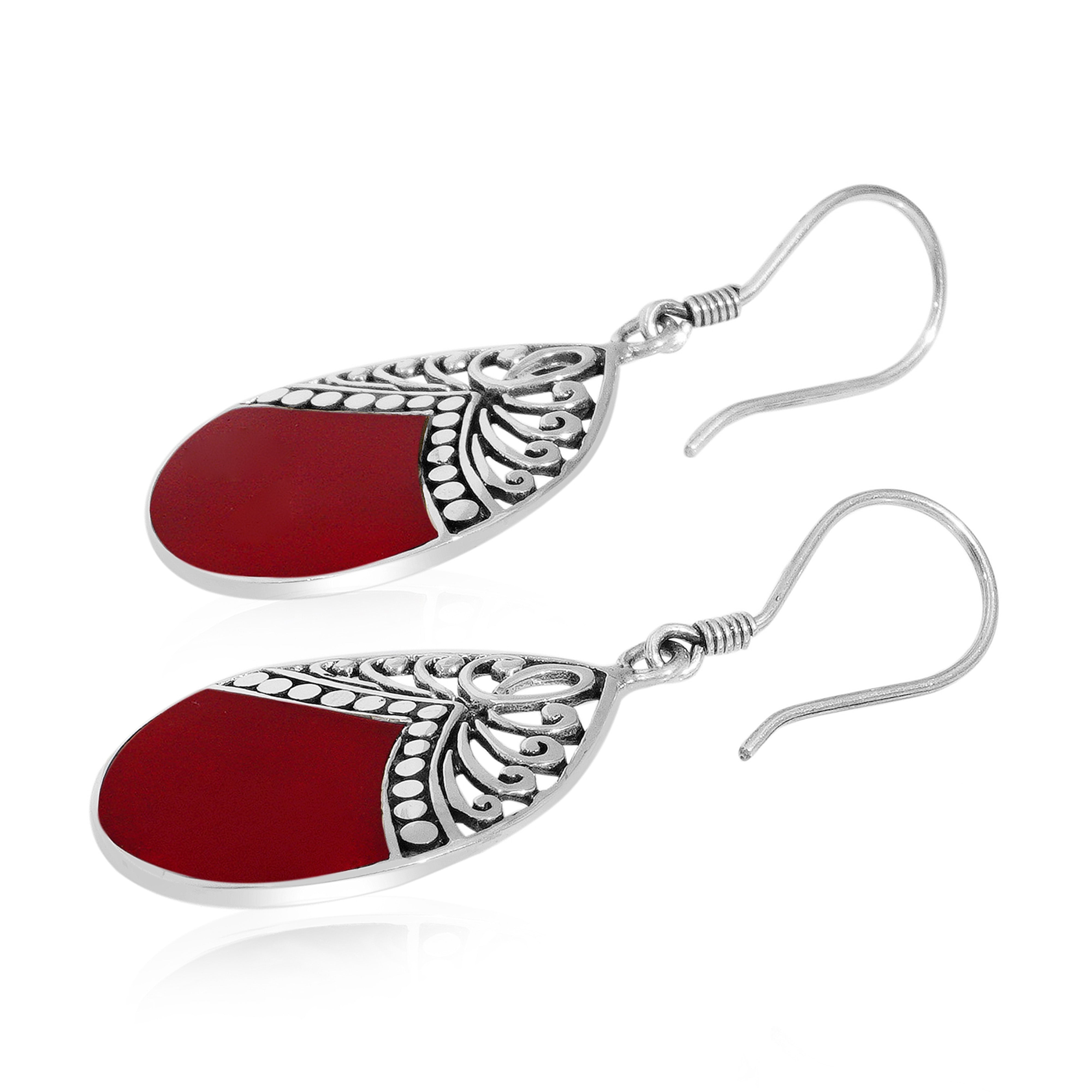 Balinese Artisan 925 Sterling Silver Dangling Earring with Beautiful Red Shell