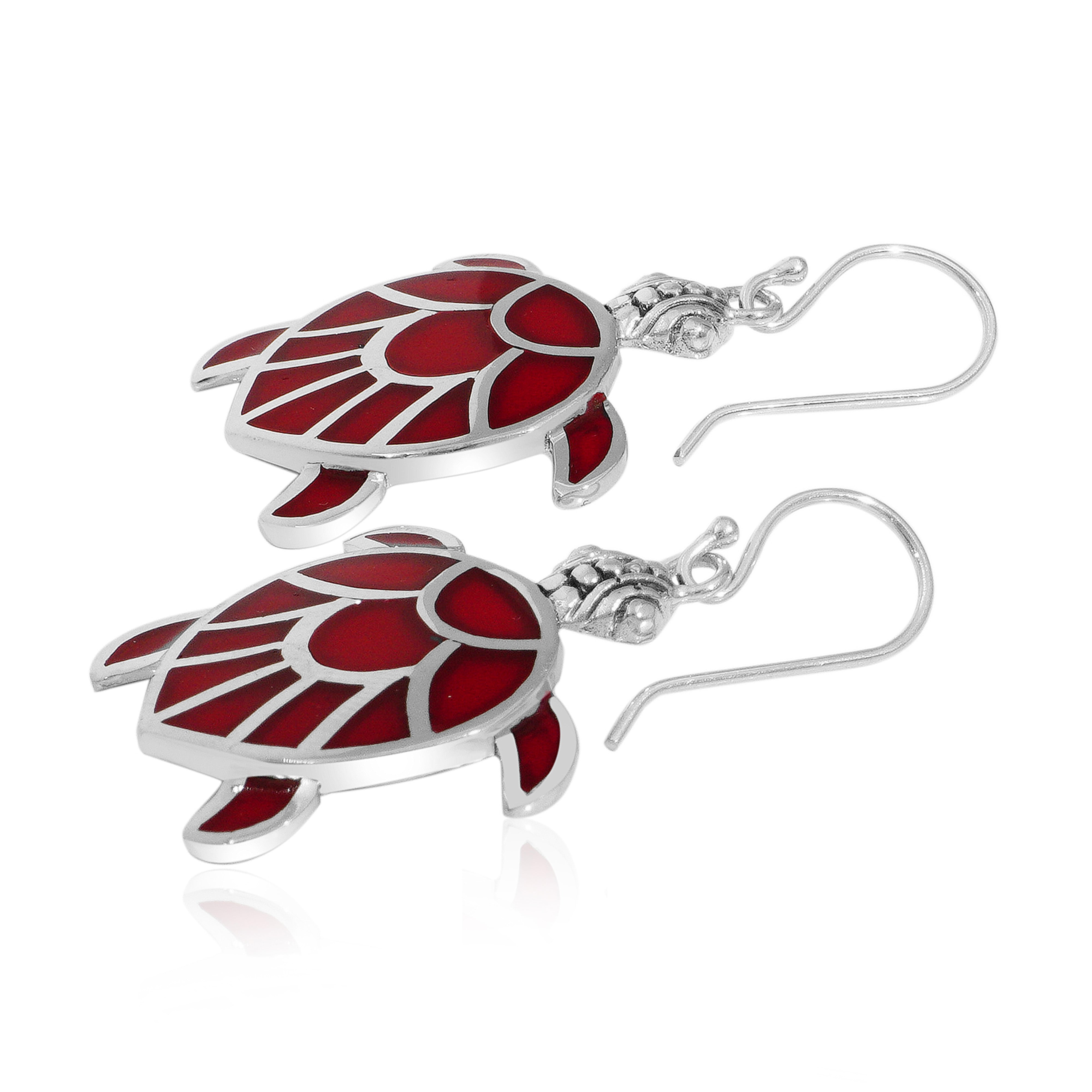 Balinese Artisan 925 Sterling Silver Turtle Shape Earring with Red Coral