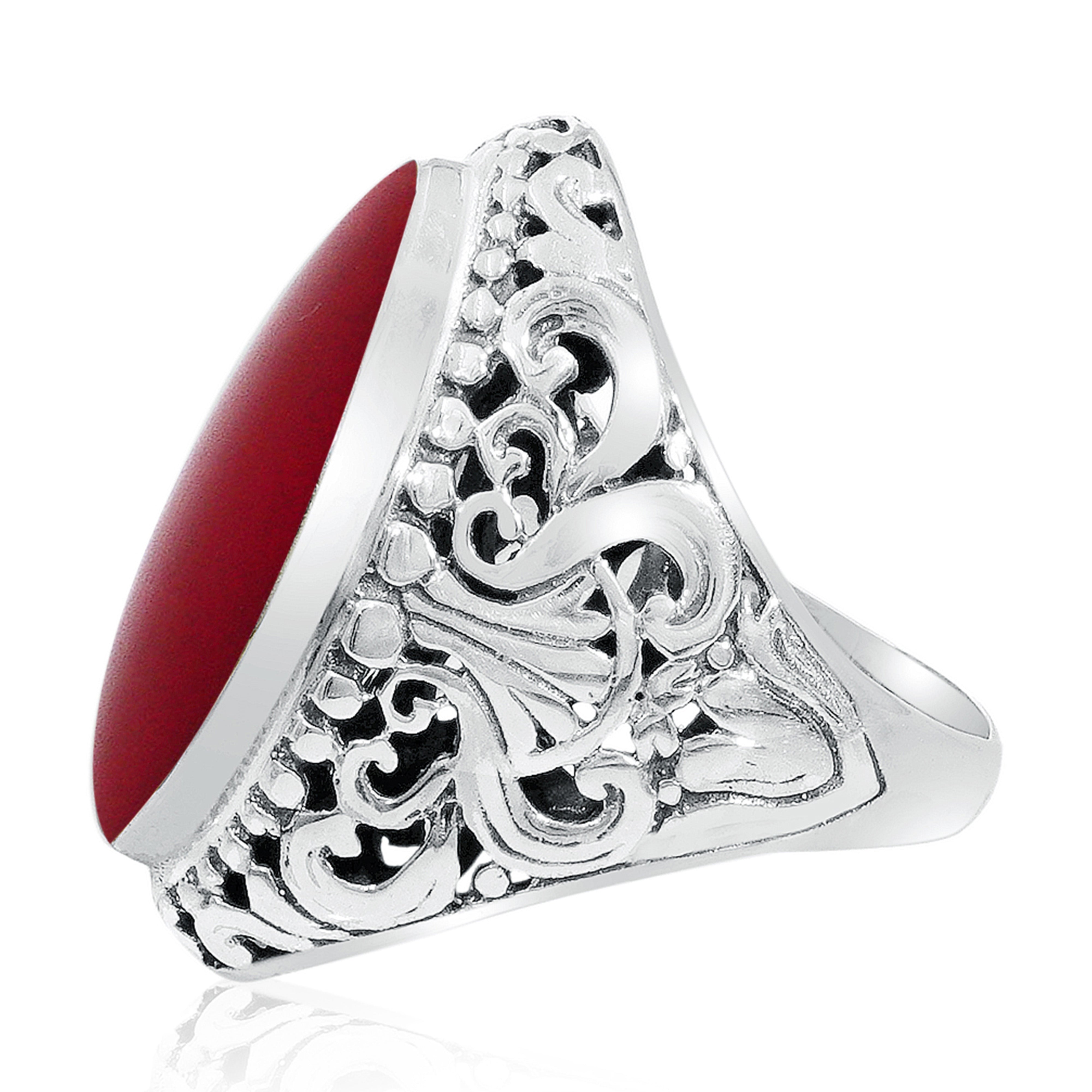 Balinese Artisan 925 Sterling Silver Ring with Red Coral