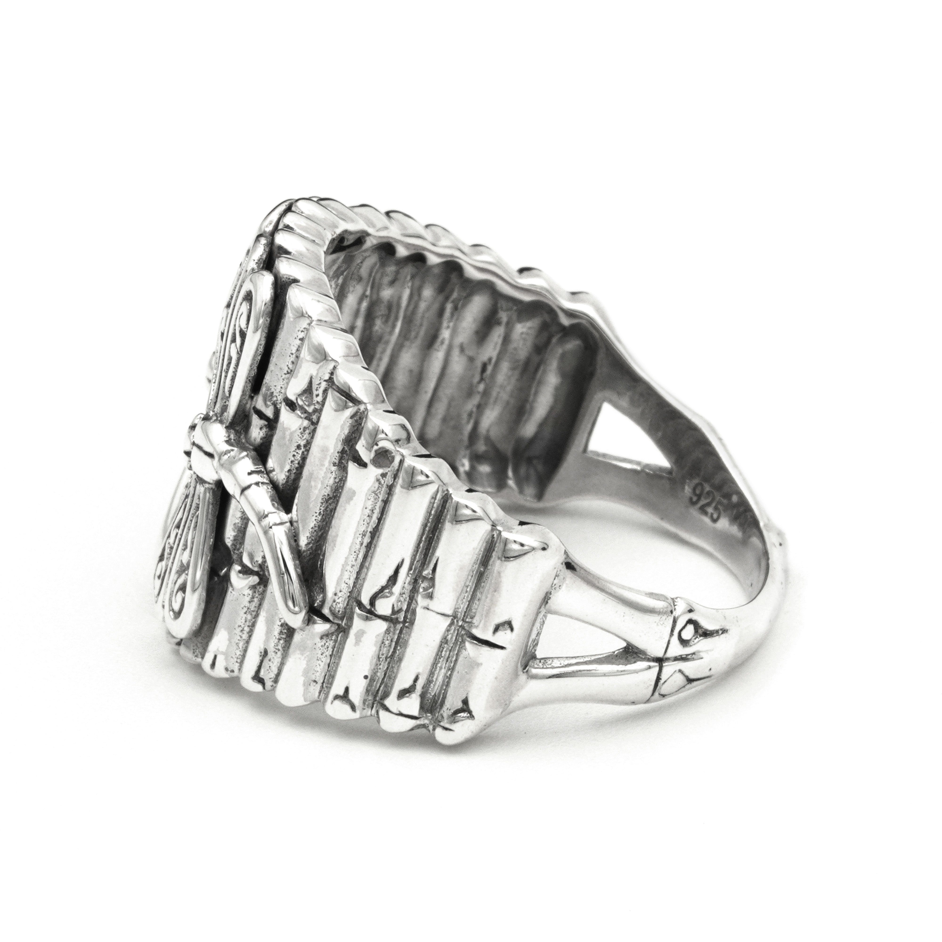 Twin Dragonflies Perched over Bamboo Sterling Silver Ring
