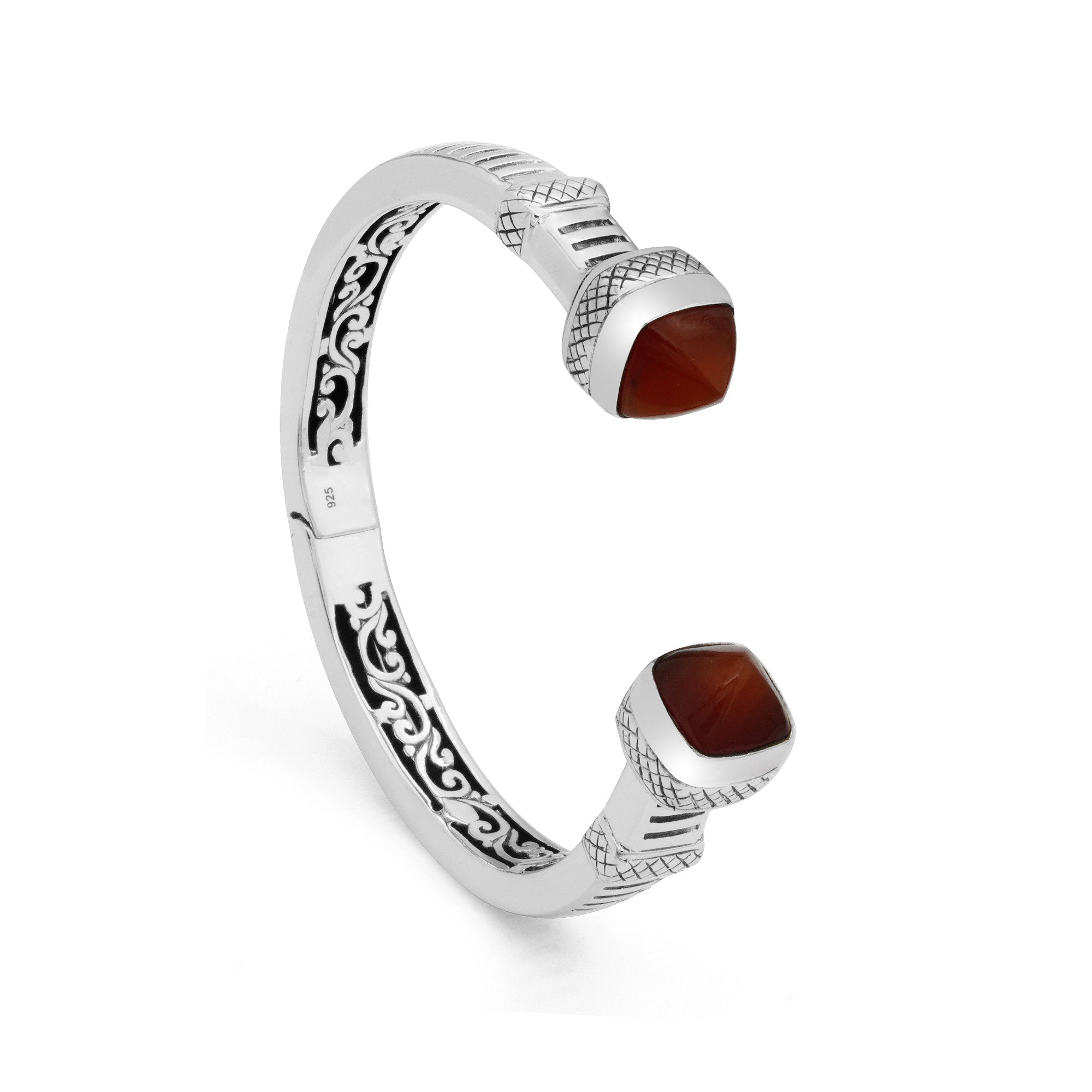 Eternal Flame: Sterling Silver Bali Cuff with Fiery Agate Glow