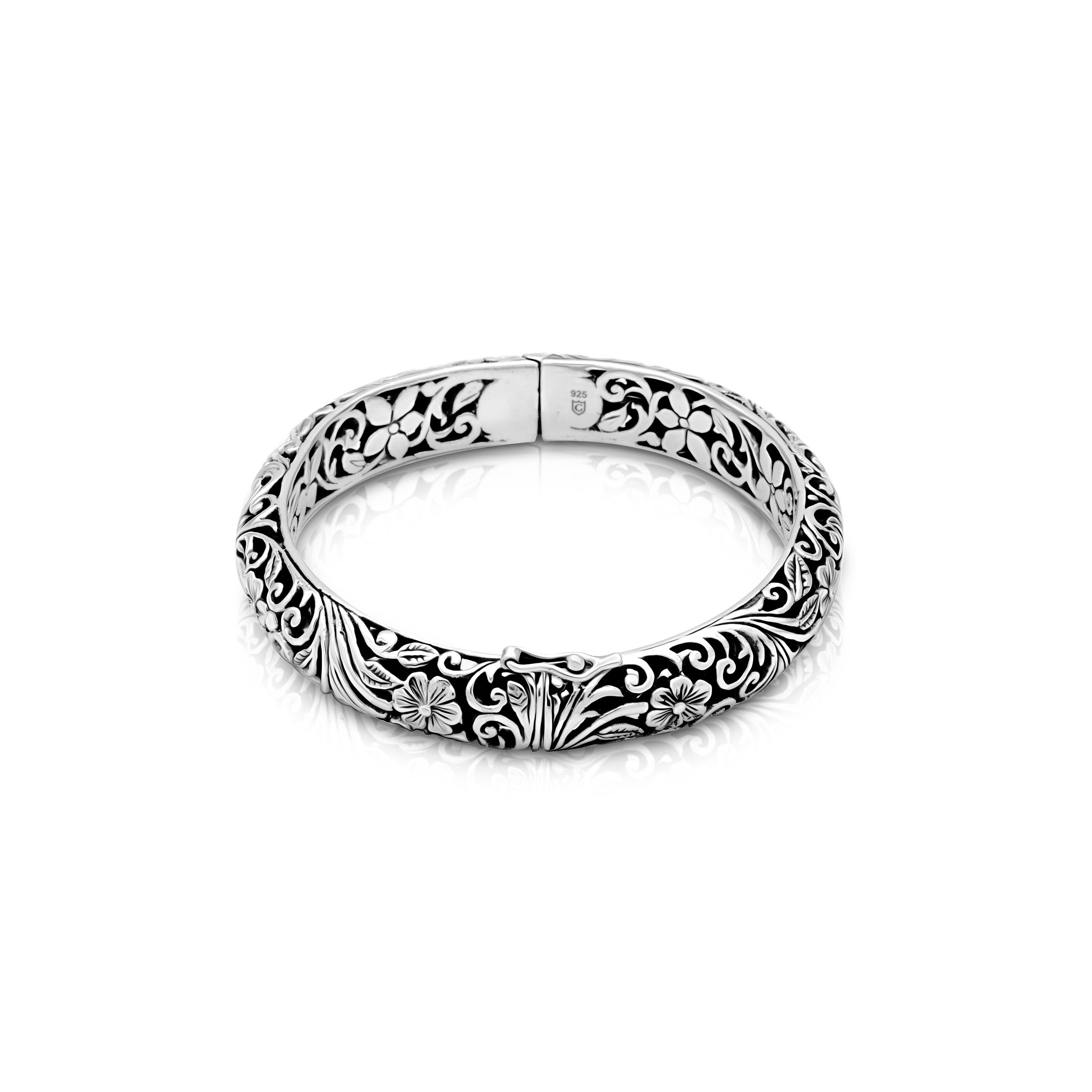 Delicate Floral Elegance Sterling Silver Bangle
