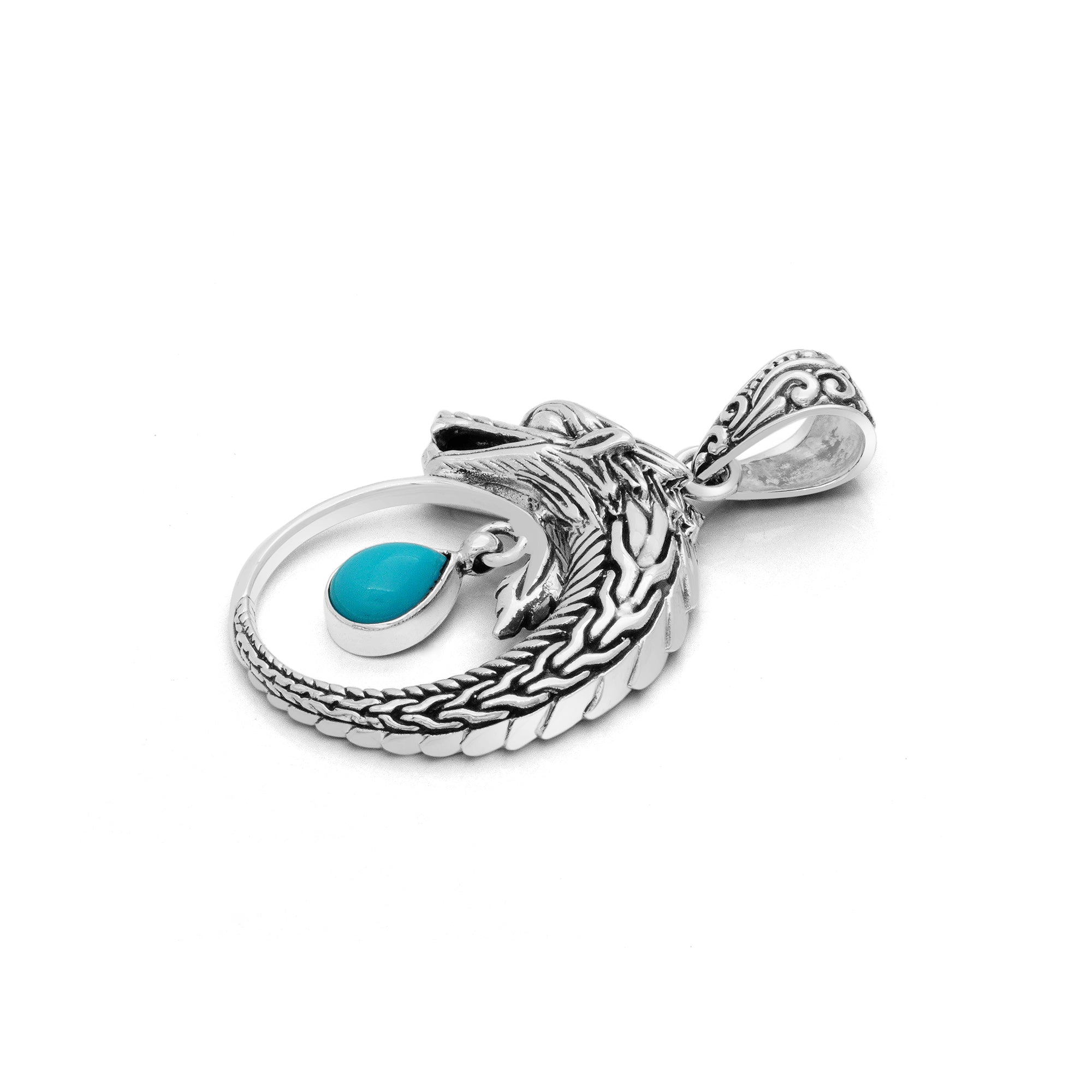 Majestic Bali Sterling Silver Dragon Pendant with Sleeping Beauty Turquoise Drop