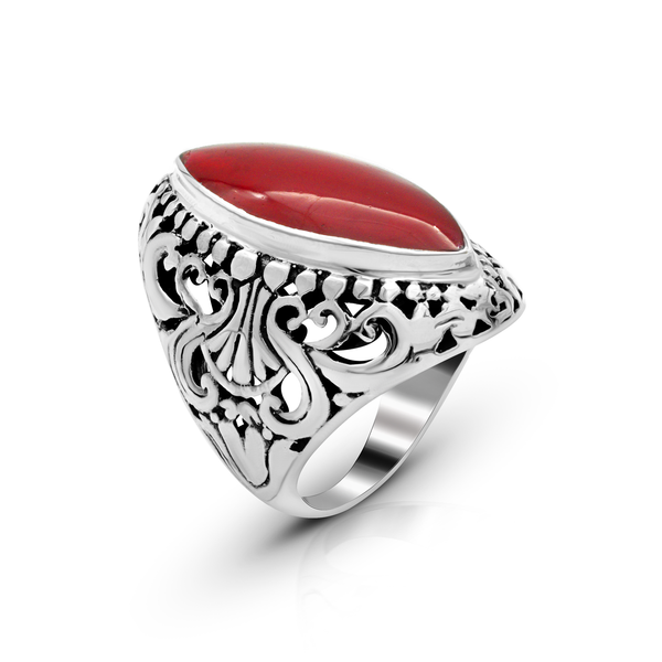 Balinese Artisan 925 Sterling Silver Ring with Red Coral