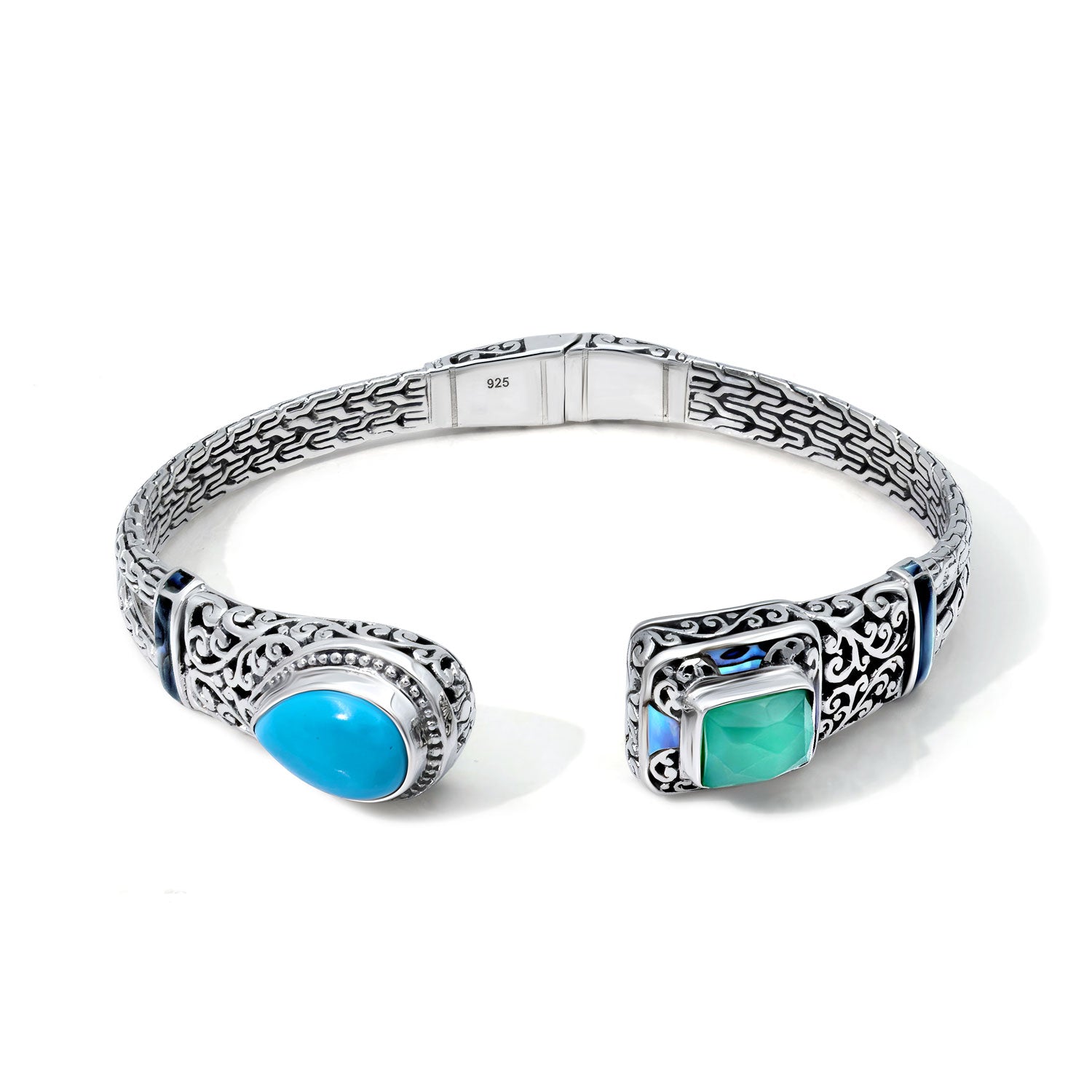 Balinese Artisan Sterling Silver Bangle with Blue Turquoise &amp; Green Chalcedony Elegance