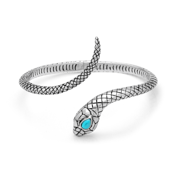 Balinese Artisan Sterling Silver Snake Bangle with Sleeping Beauty Turquoise Stone