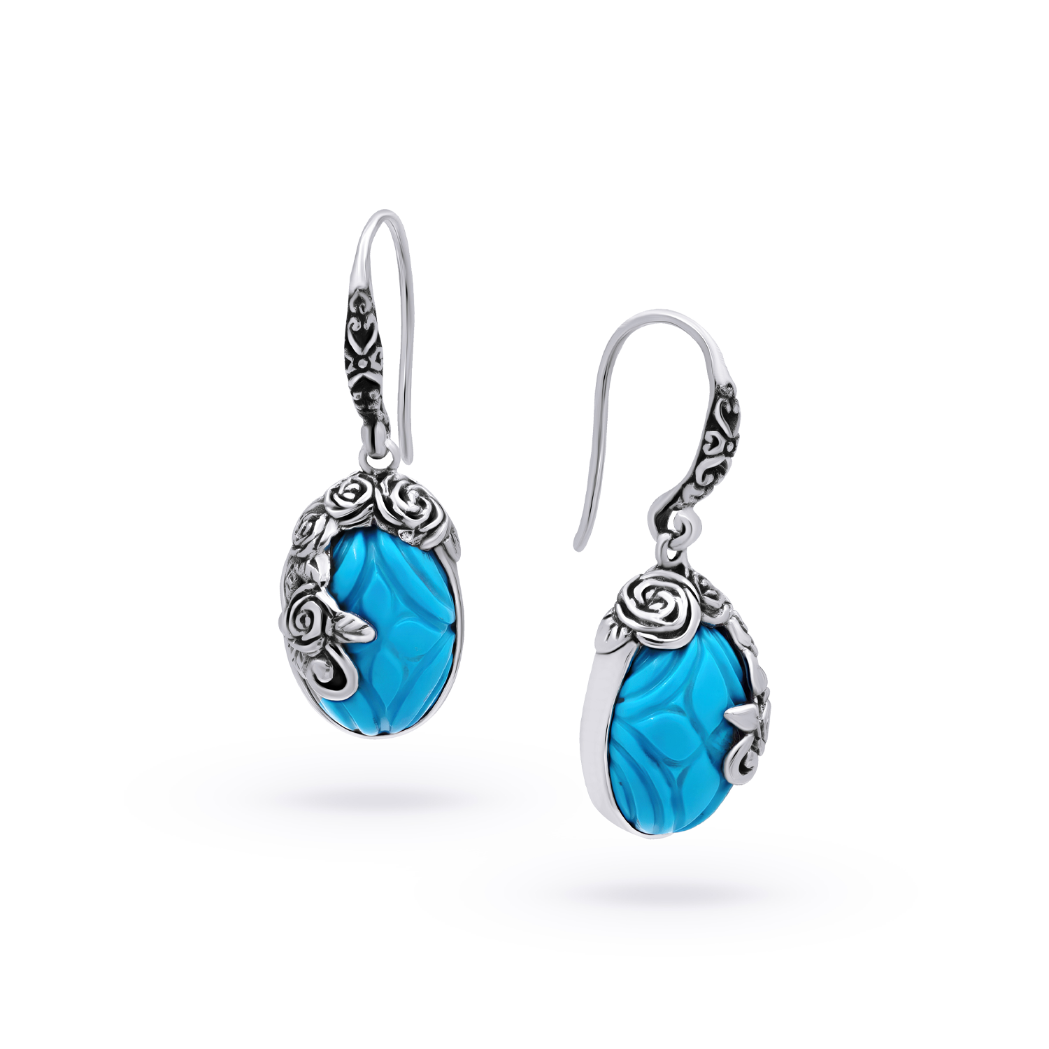 Carved Turquoise Sterling Silver Bali Drop Earrings
