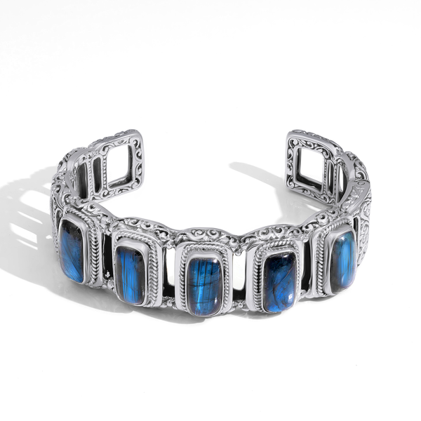 Elegant Intricate Bali Sterling Silver Bangle with Mystical Labradorite Glow