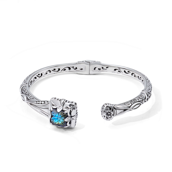 Carved Labradorite Sterling Silver Bali Bangle