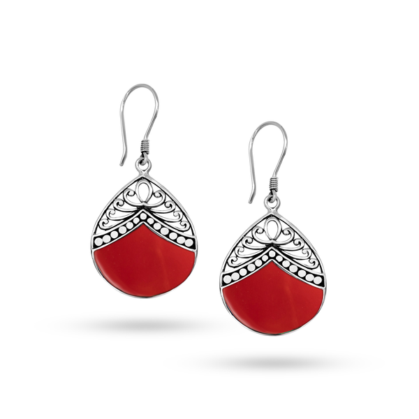 Balinese Artisan 925 Sterling Silver Drop Earring with Beautiful Red Shell