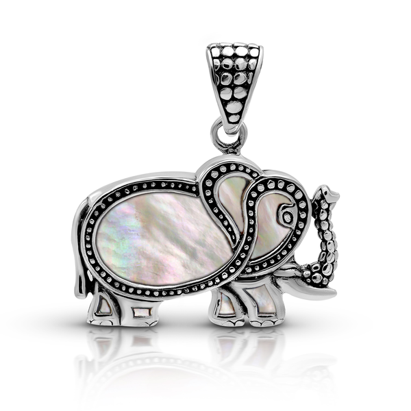 Balinese Artisan 925 Sterling Silver Elephant Pendant with Mother of Pearl
