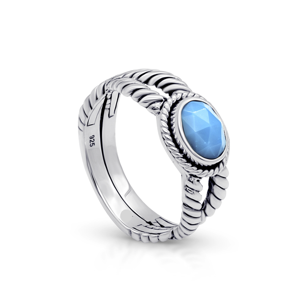 Balinese Artisan 925 Sterling Silver Intertwined Ring with Blue Opal