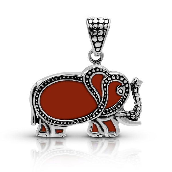 Balinese Artisan 925 Sterling Silver Elephant Pendant with Coral