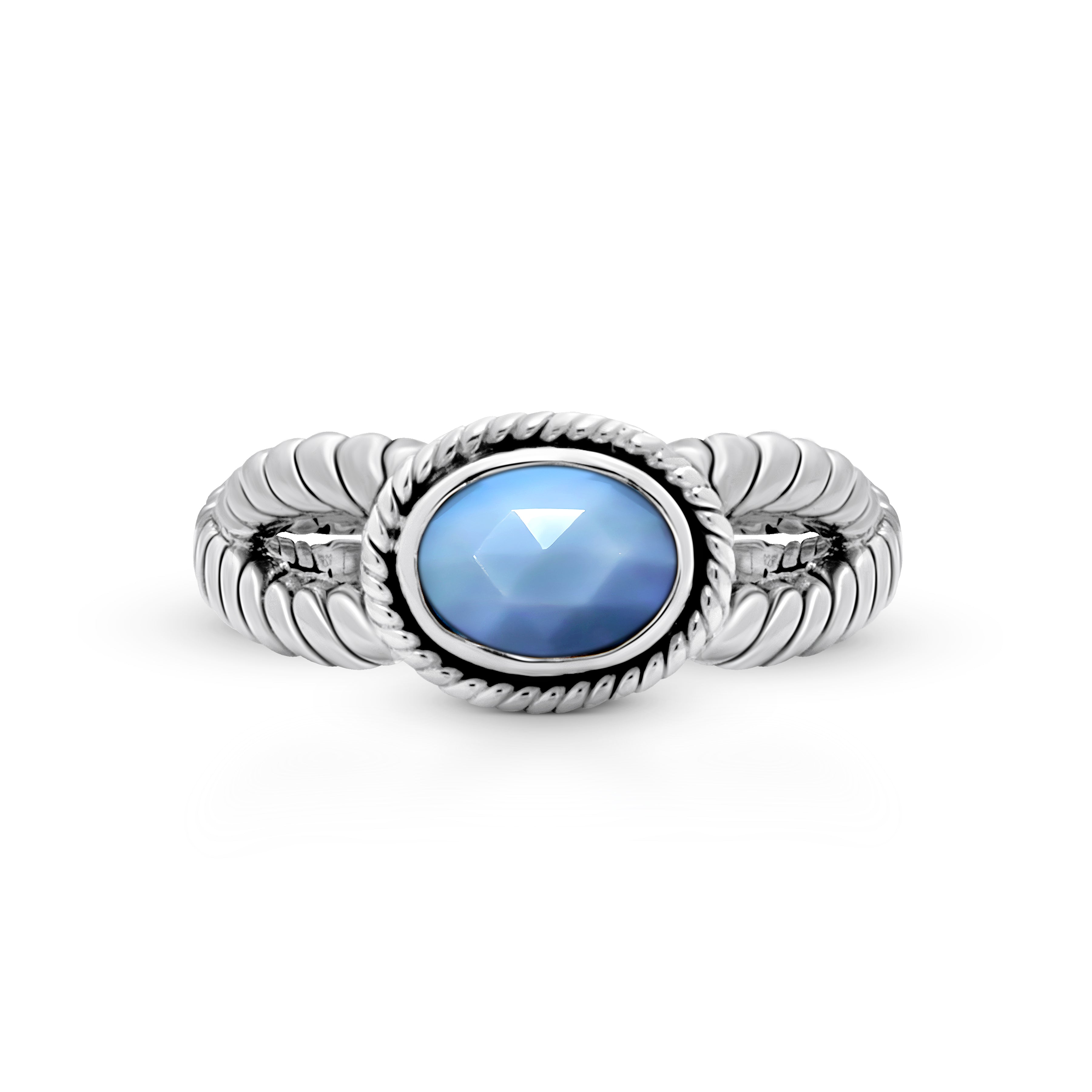Balinese Artisan 925 Sterling Silver Intertwined Ring with Blue Opal