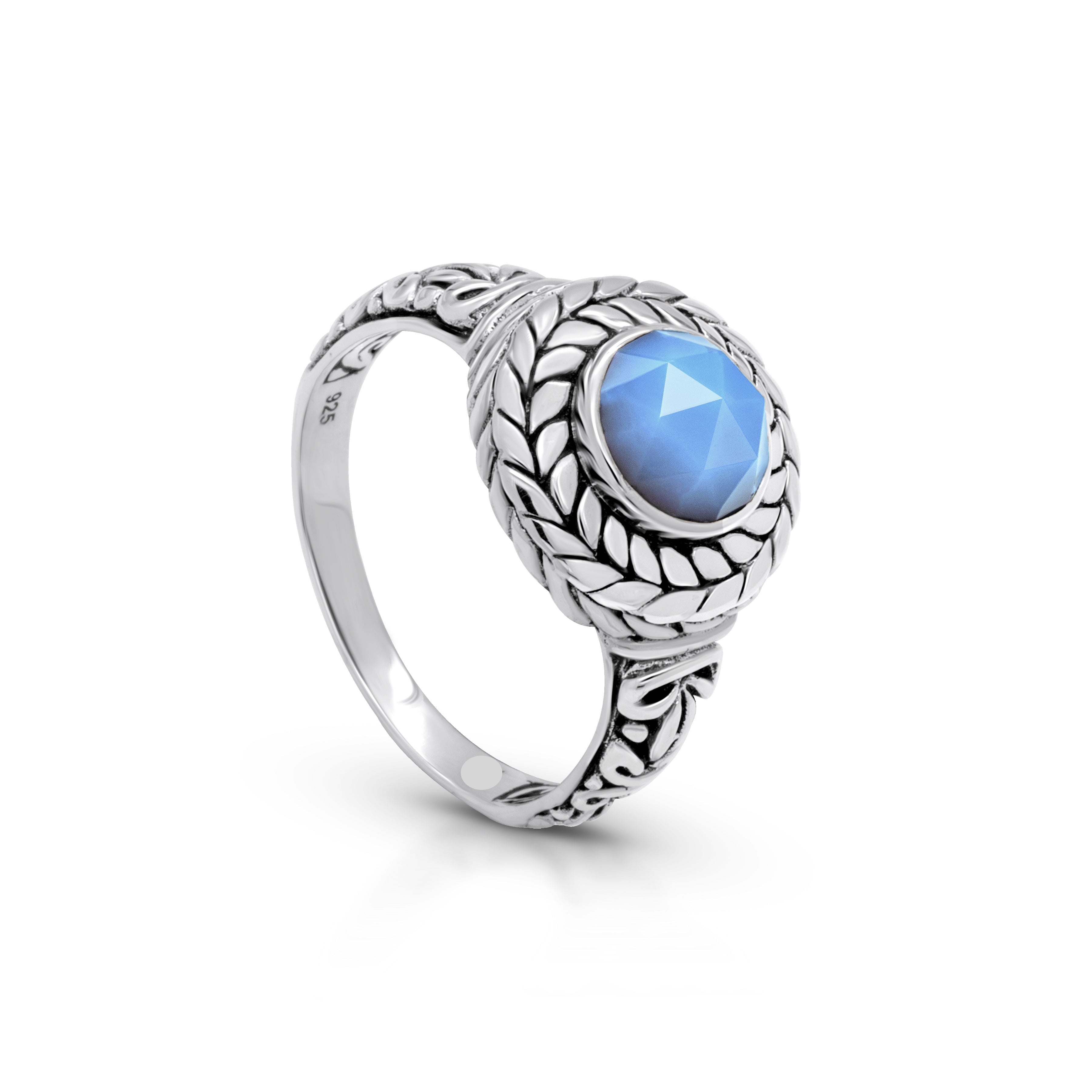 Balinese Artisan 925 Sterling Silver Circle of Life Ring with Blue Opal