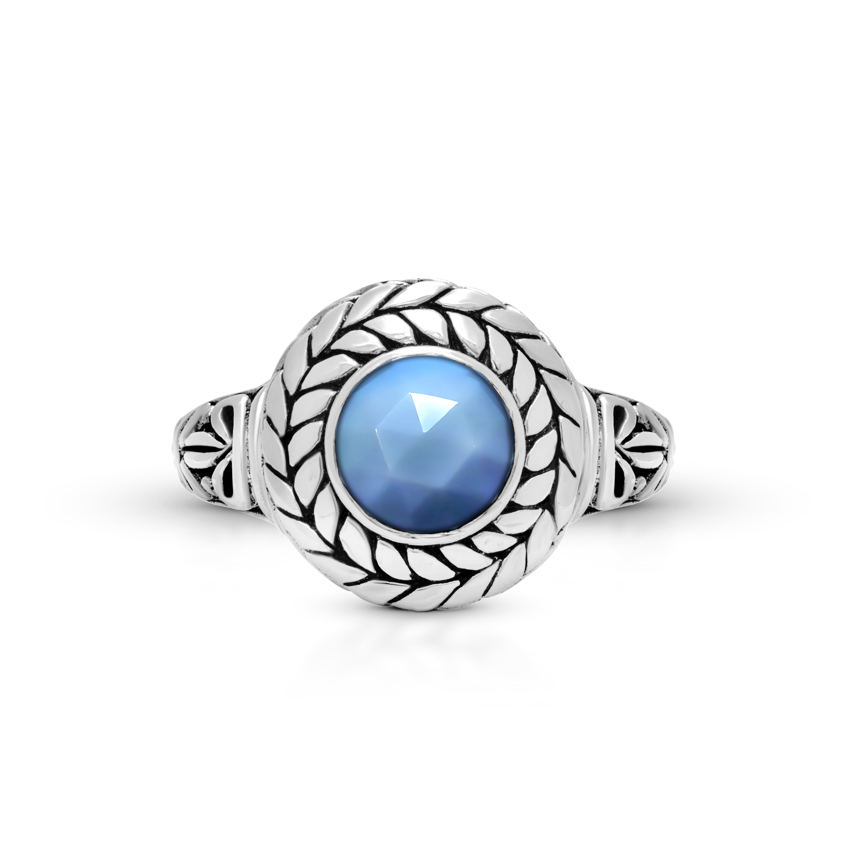 Balinese Artisan 925 Sterling Silver Circle of Life Ring with Blue Opal