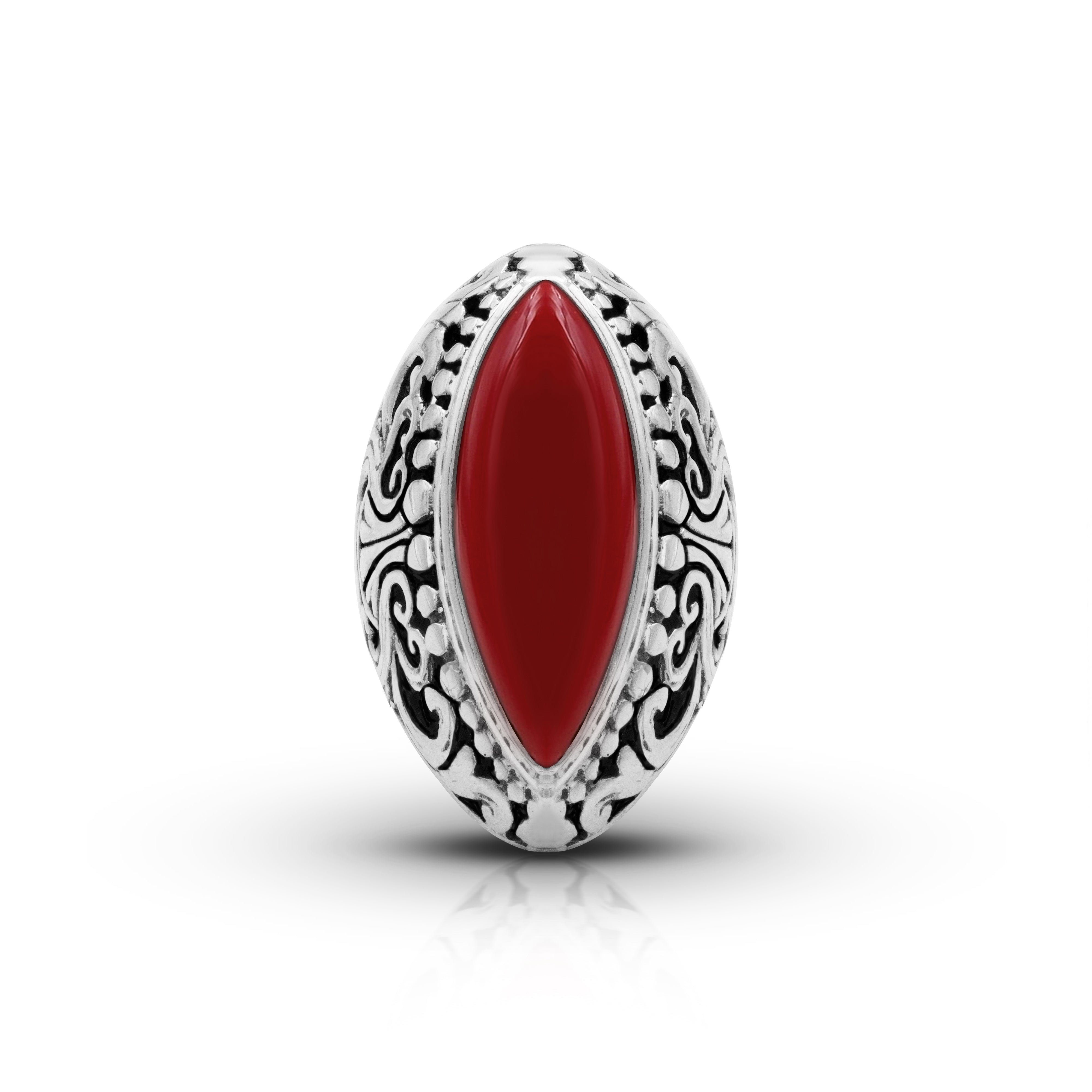 Balinese Artisan 925 Sterling Silver Ring with Red Coral