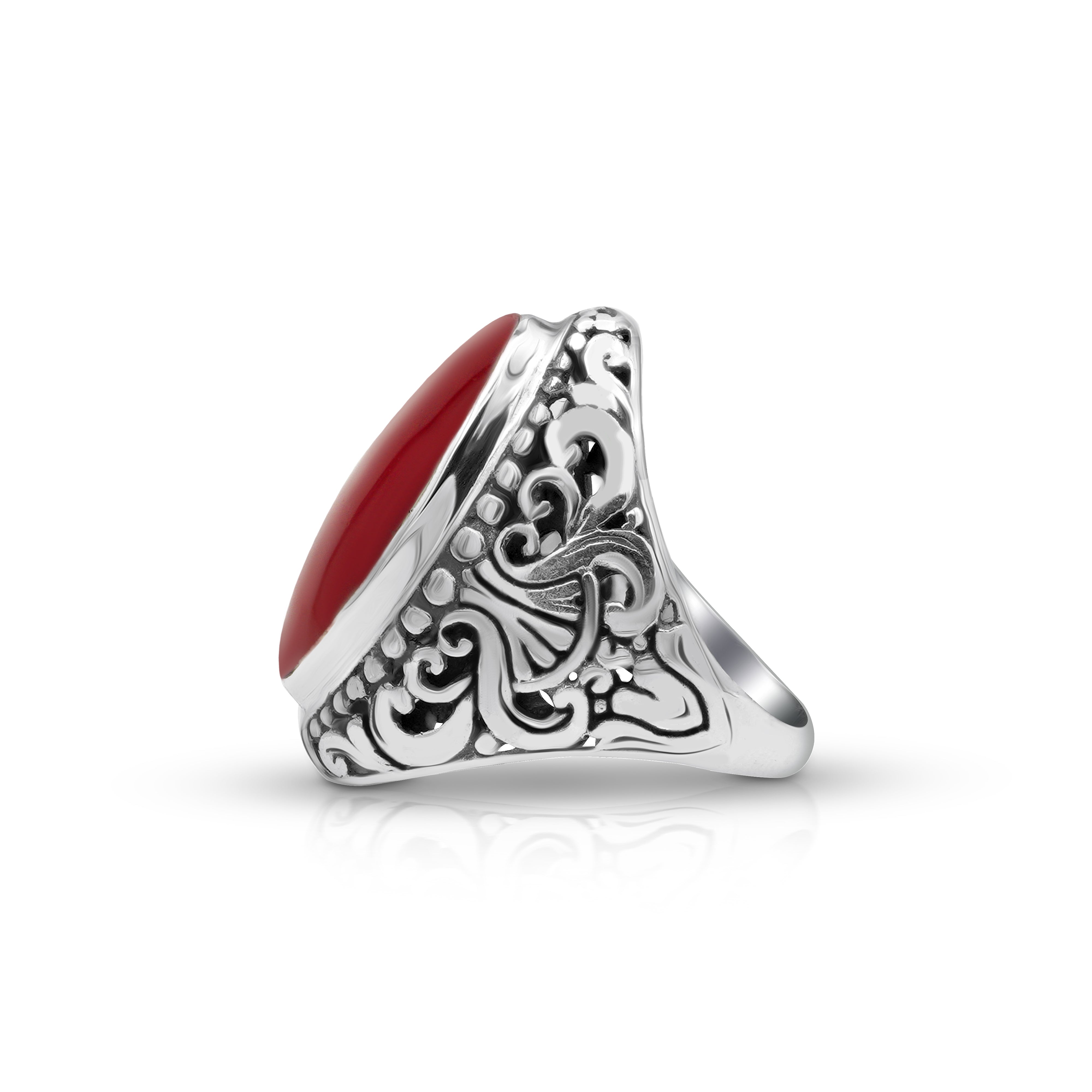 Balinese Artisan 925 Sterling Silver Ring with Red Coral