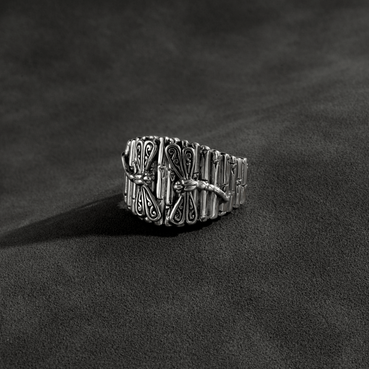 Twin Dragonflies Perched over Bamboo Sterling Silver Ring