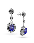 Carved Rose Blue Saphire Sterling Silver Bali Earrings