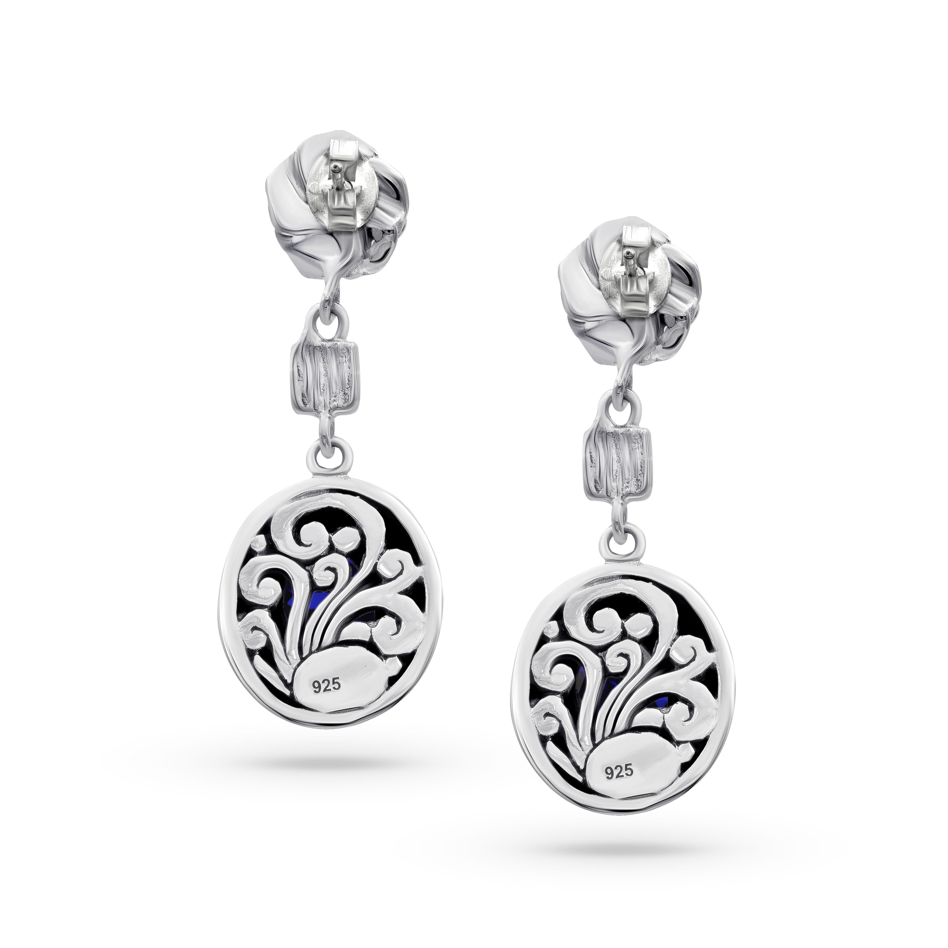 Carved Rose Blue Saphire Sterling Silver Bali Earrings