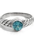 Balinese Artisan 925 Sterling Silver Twisted Ring with Natural Blue Zircon