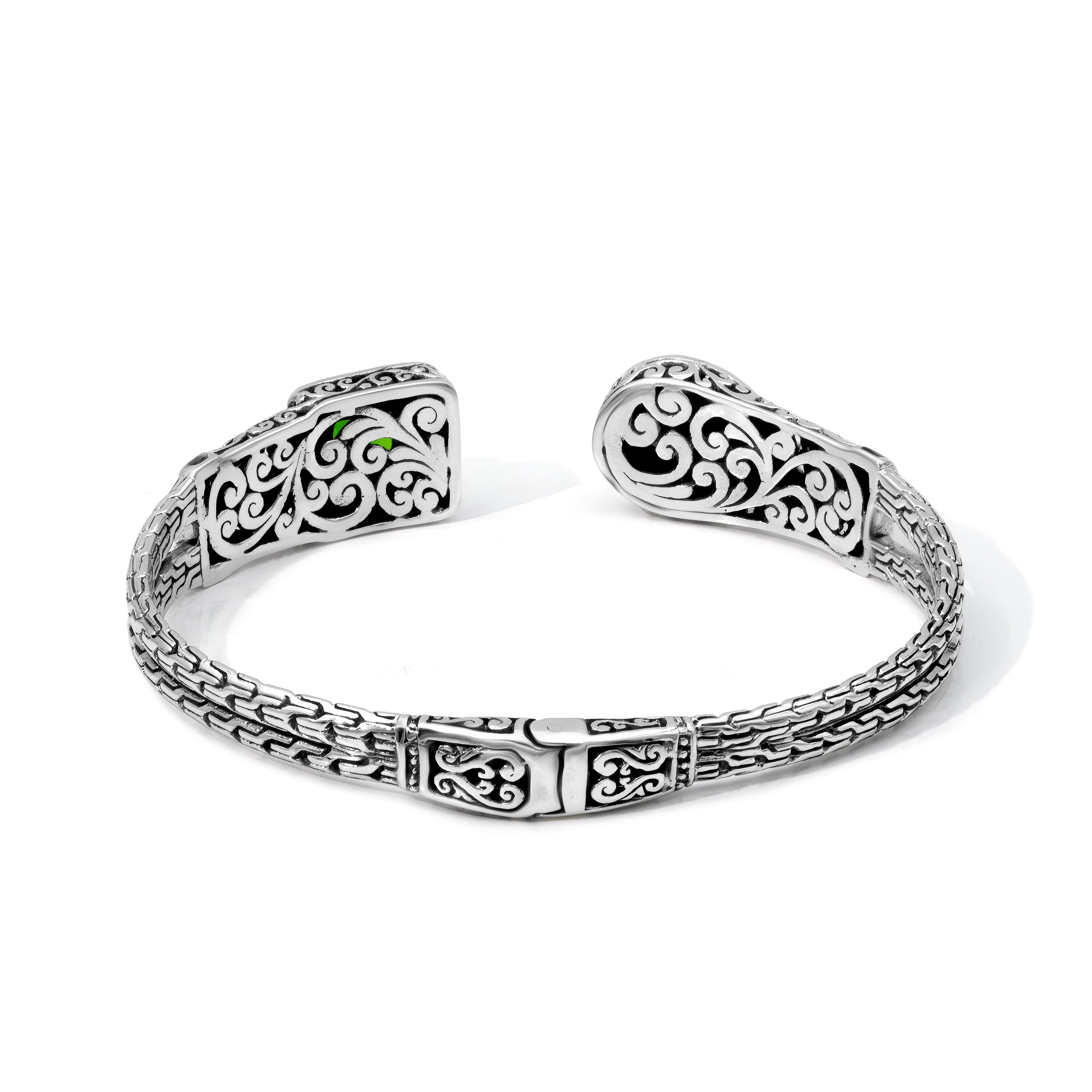 Balinese Artisan Sterling Silver Bangle with Blue Turquoise &amp; Green Chalcedony Elegance