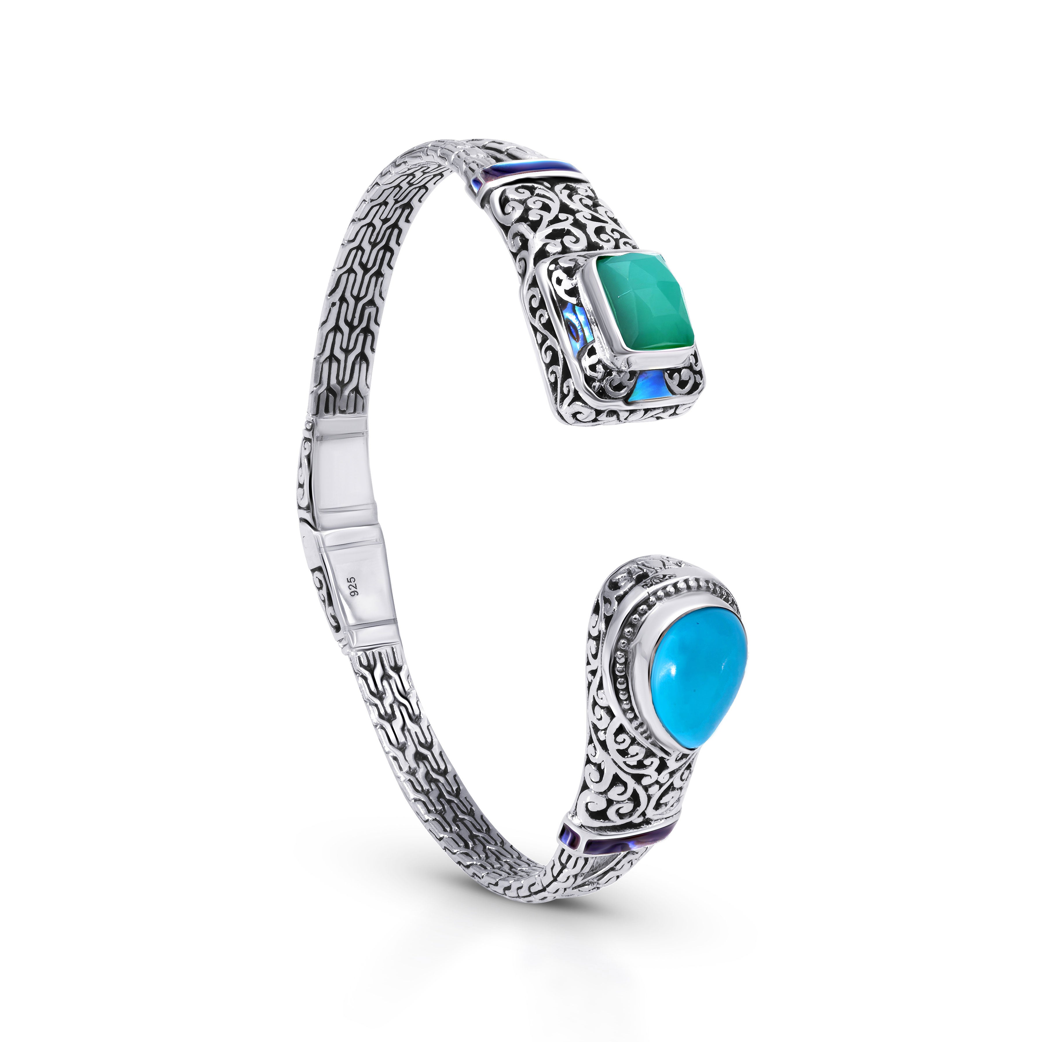Balinese Artisan Sterling Silver Bangle with Blue Turquoise &amp; Green Chalcedony Elegance