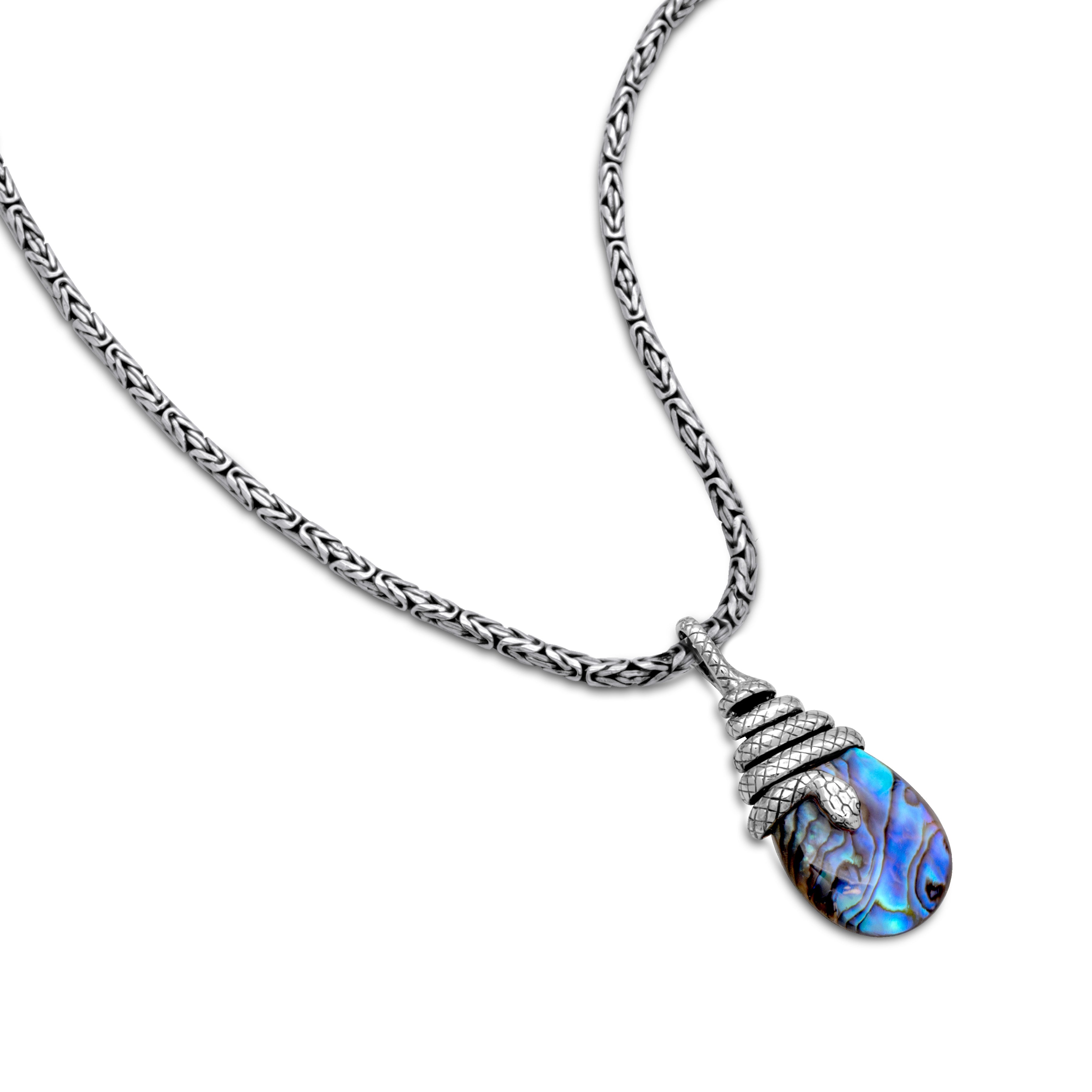 Serpent's Embrace: Sterling Silver Snake Wrapped Around Teardrop Abalone