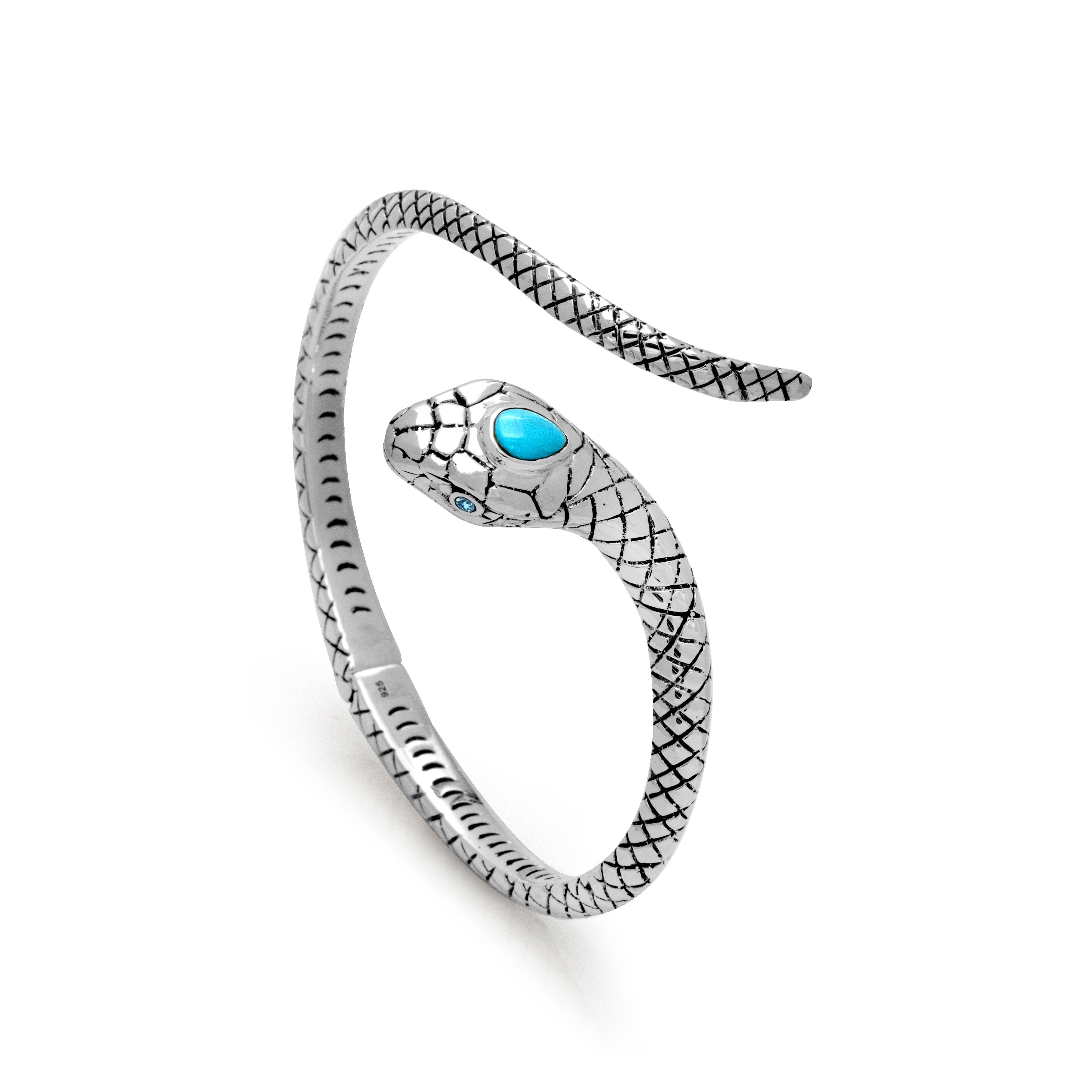 Balinese Artisan Sterling Silver Snake Bangle with Sleeping Beauty Turquoise Stone