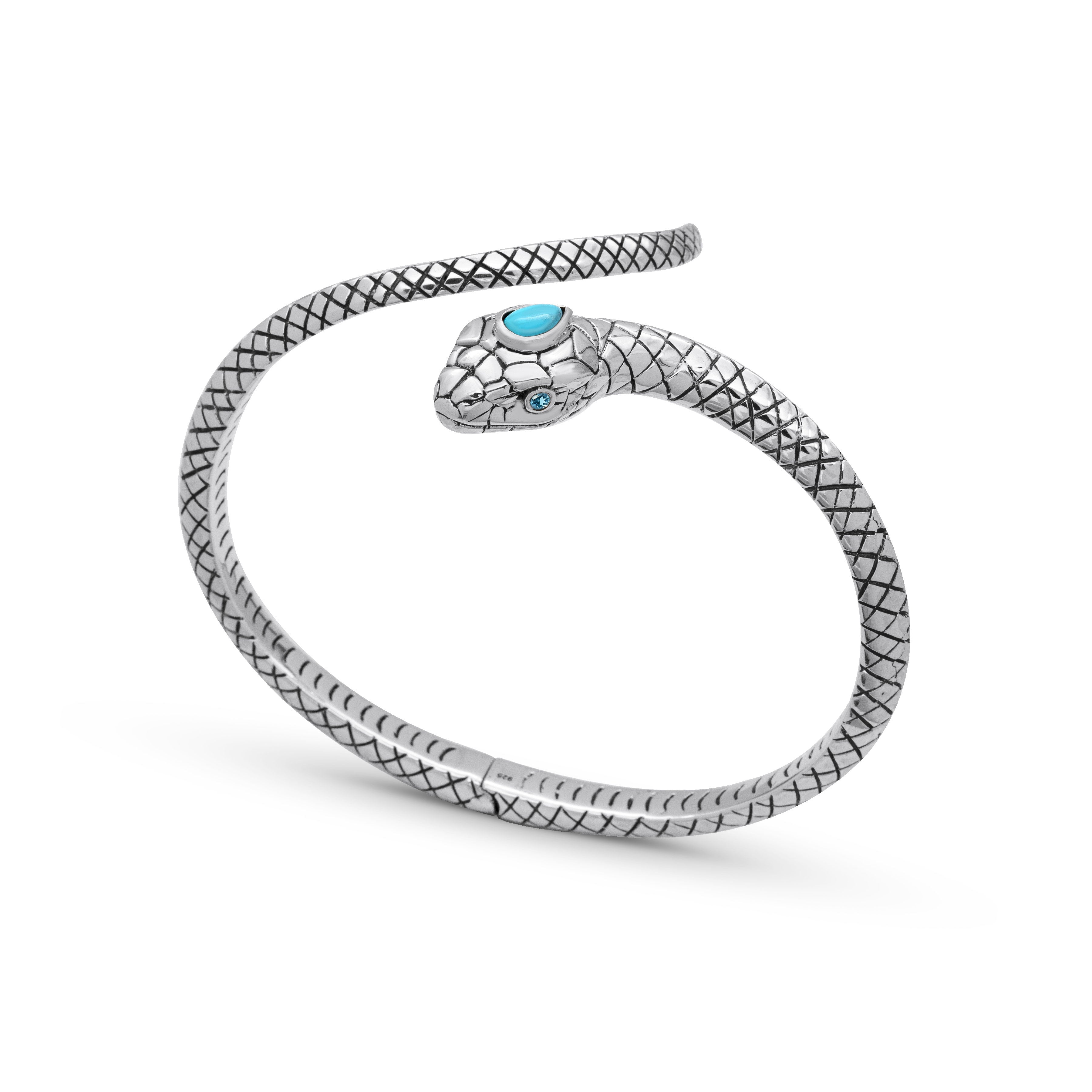 Balinese Artisan Sterling Silver Snake Bangle with Sleeping Beauty Turquoise Stone