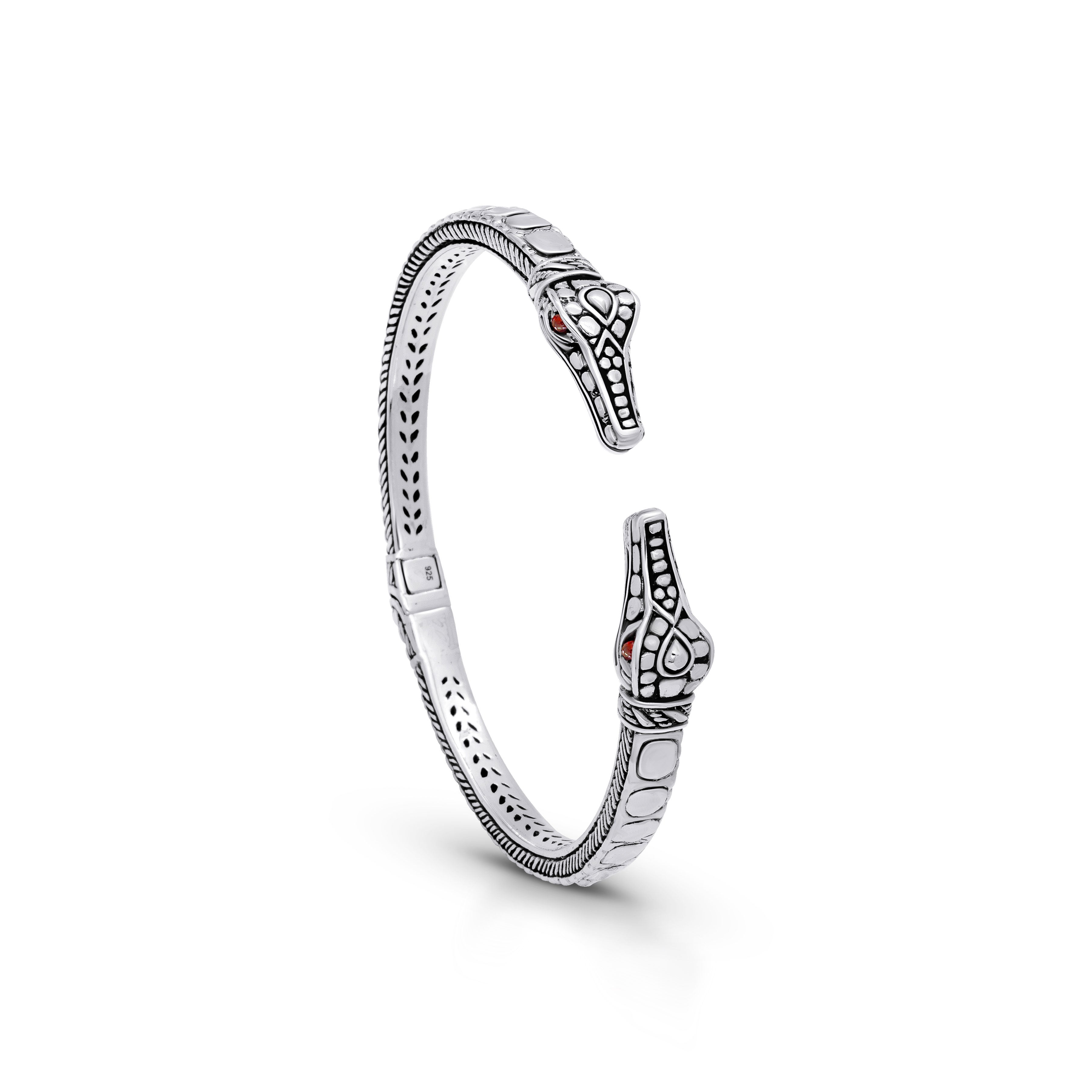 Balinese Artisan Sterling Silver Crocodile Bangle with Garnet Eyes – Handcrafted Statement