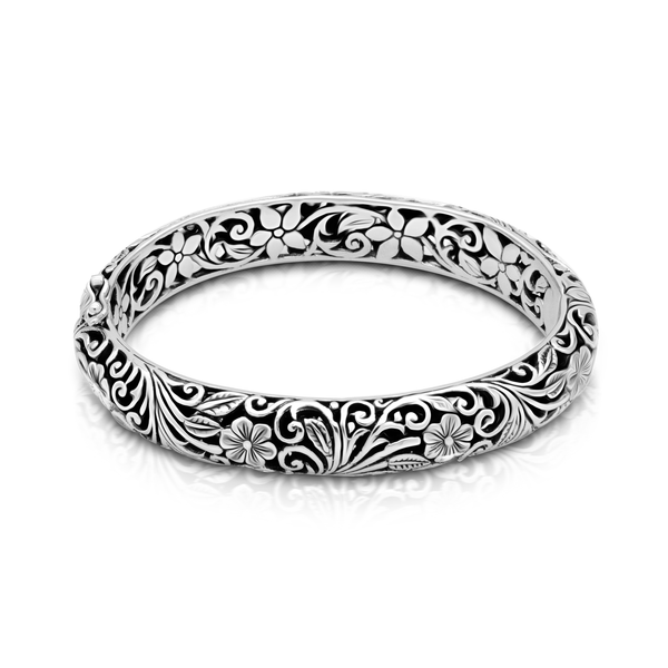 Delicate Floral Elegance Sterling Silver Bangle